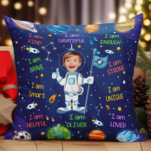 Kid Affirmations I Am Kind Smart Loved Astronaut - Personalized Photo Pillow