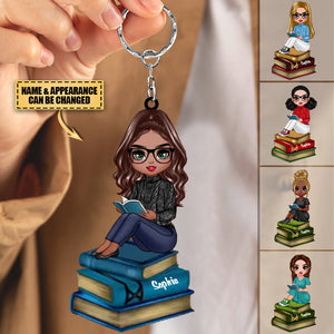 Reading Girls Sitting On Books Personalized Keychain