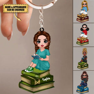 Reading Girls Sitting On Books Personalized Keychain