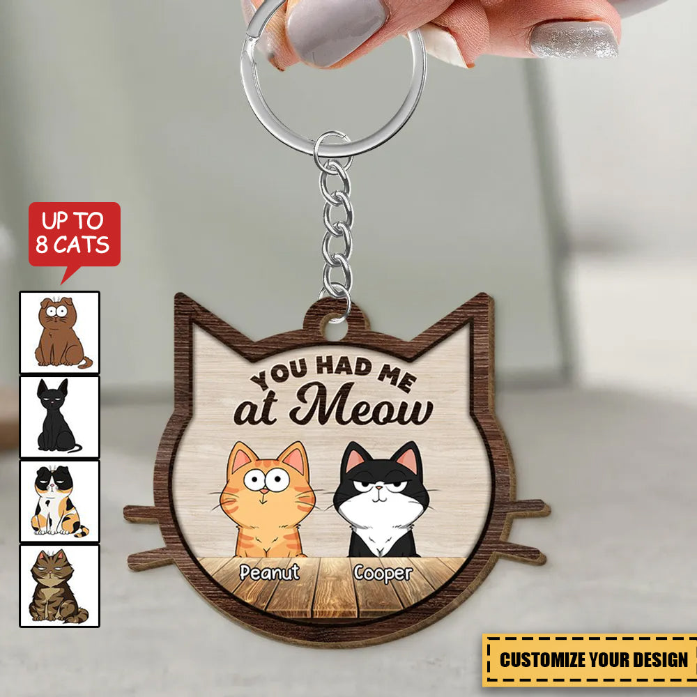 Cat Face Shaped Funny Cat Expressions Personalized Wooden Keychain