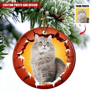 Custom Photo Dog Cat Breaking Through Ornament - Personalized Circle Ceramic Ornament