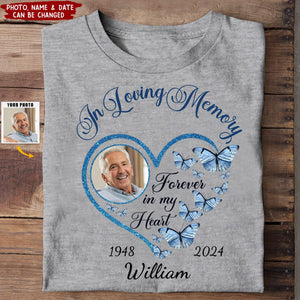 In Loving Memory Sparkling Heart Memorial Butterflies Personalized T-shirt