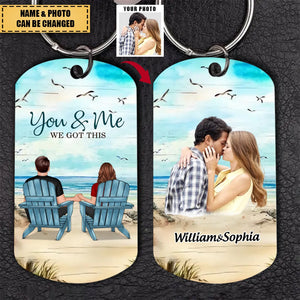 Back View Couple Sitting Beach Landscape You & Me We Got This Personalized Stainless Steel Keychain