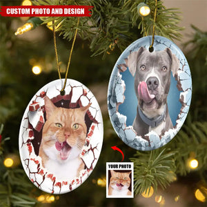 Custom Photo Dog Cat Breaking Through Ornament - Personalized Circle Ceramic Ornament