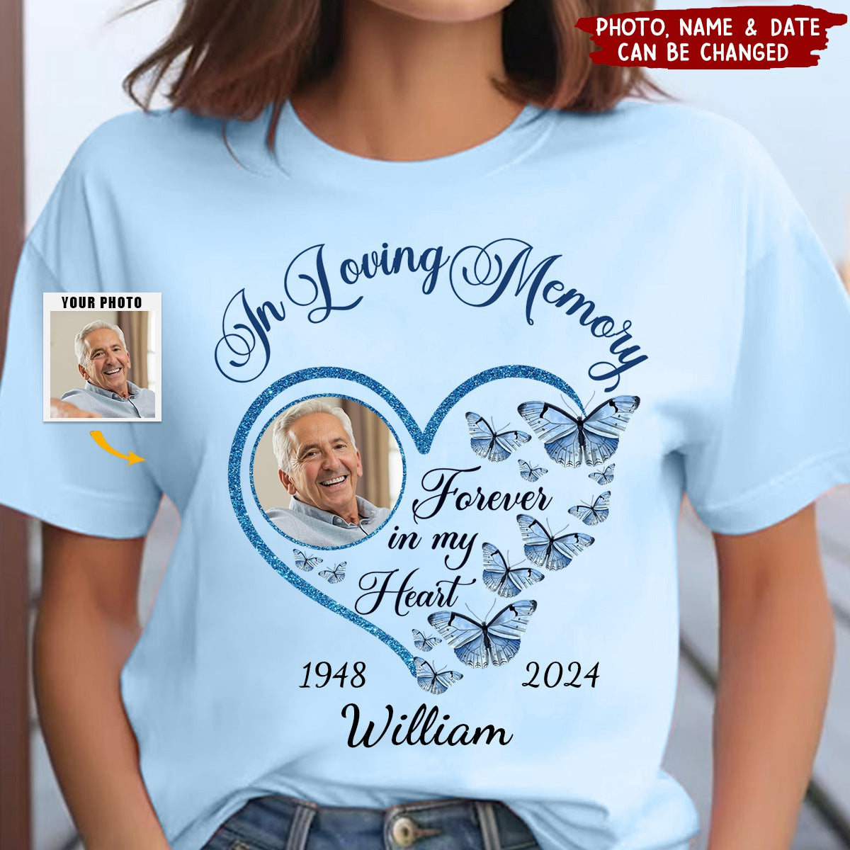 In Loving Memory Sparkling Heart Memorial Butterflies Personalized T-s ...