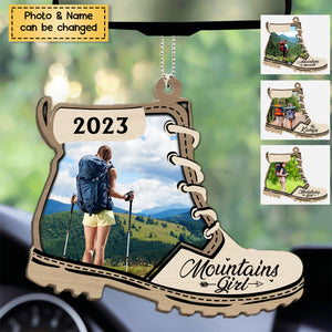 Mountains Are Calling - Personalized Photo Upload Gifts Wooden Car Ornament for Hiking Lovers