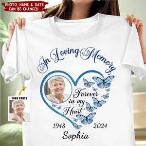 In Loving Memory Sparkling Heart Memorial Butterflies Personalized T-shirt