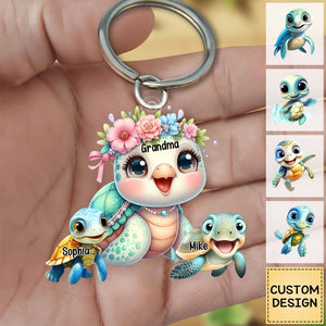 Mama Turtle With Little Kids - Personalized Acrylic Keychain - Gift For Mom, Grandma