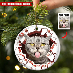 Custom Photo Dog Cat Breaking Through Ornament - Personalized Circle Ceramic Ornament