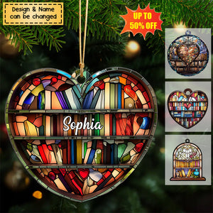 Personalized Bookshelf Stained Glass Ornament, Book Christmas Acrylic Ornament, Book Club Ornament, Book Lovers Gift