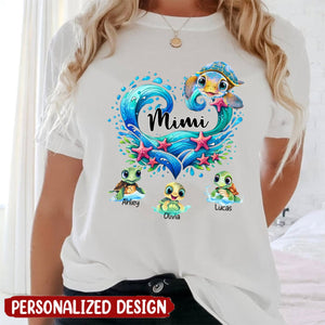 Sea Turtle Grandma With Cute Grandkids Personalized T-shirt