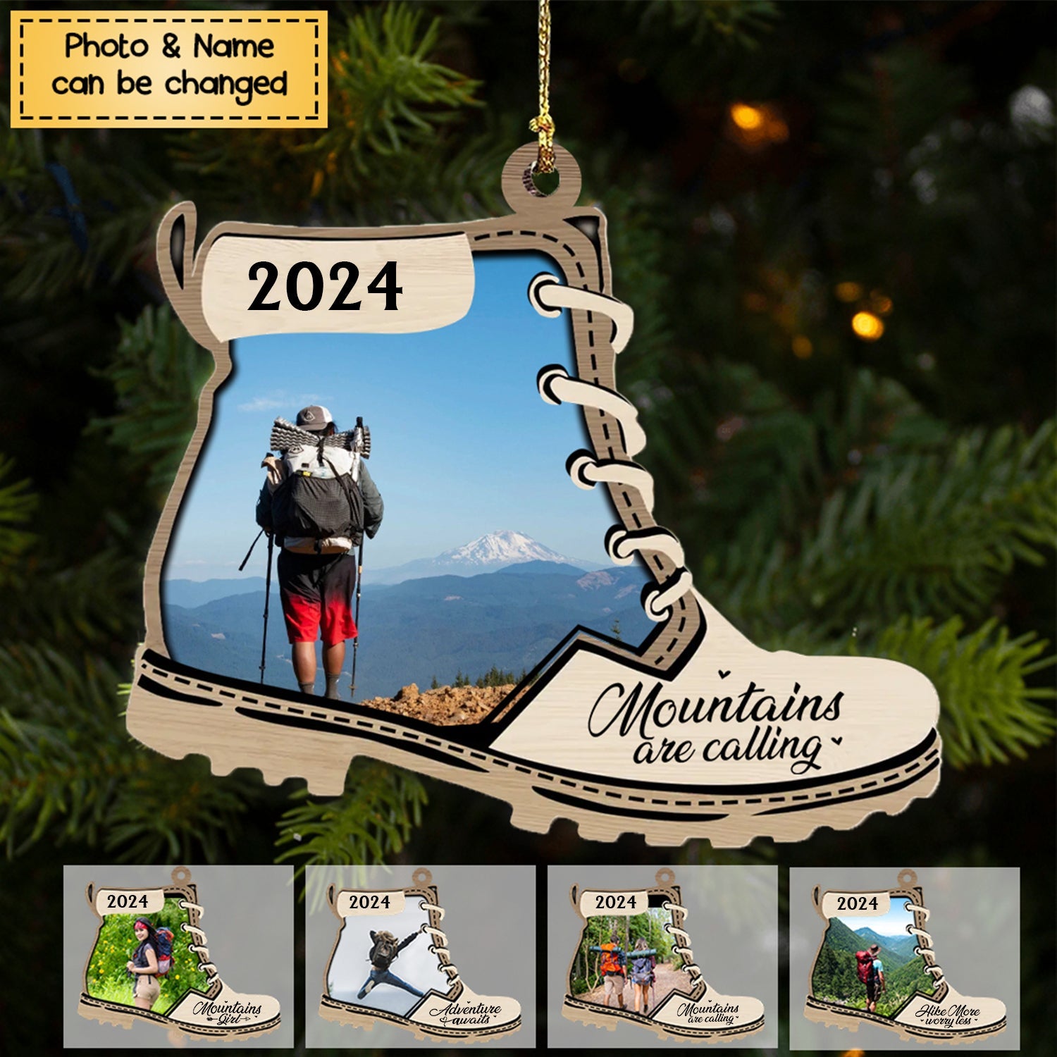 2024 New Release - Mountains Are Calling - Personalized Christmas Photo Upload Gifts Custom Wooden Ornament for Hiking Lovers