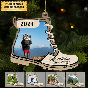 2024 New Release - Mountains Are Calling - Personalized Christmas Photo Upload Gifts Custom Wooden Ornament for Hiking Lovers