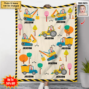 Boy Riding Construction Vehicle - Personalized Photo Blanket