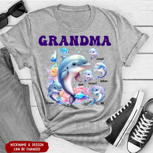 Personalized Grandma Dolphin with Kid Names Printed T-shirt