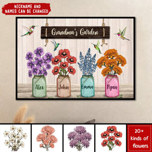 Hummingbird Custom Birth Month Flowers Grandma‘s Garden Personalized Horizontal Poster