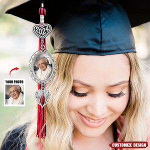 Personalized Graduation Tassel Photo Charm with Angel Wings - Memorial Graduation Gift