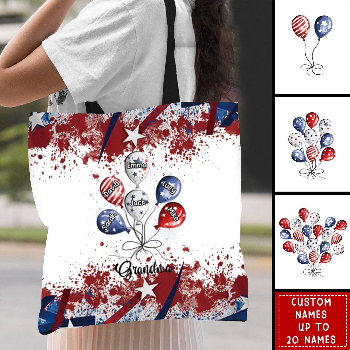 4th July Grandma Auntie Mom Little Balloon Kids American Flag Pattern Personalized Canvas Bag