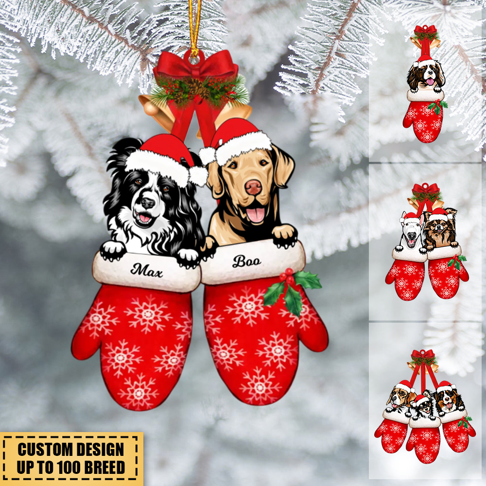 Christmas Dogs Laying On Hands In Gloves Personalized Acrylic Ornament