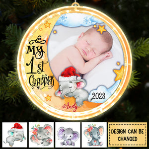 Baby's First Christmas Elephant Photo Personalized Led Acrylic Ornament